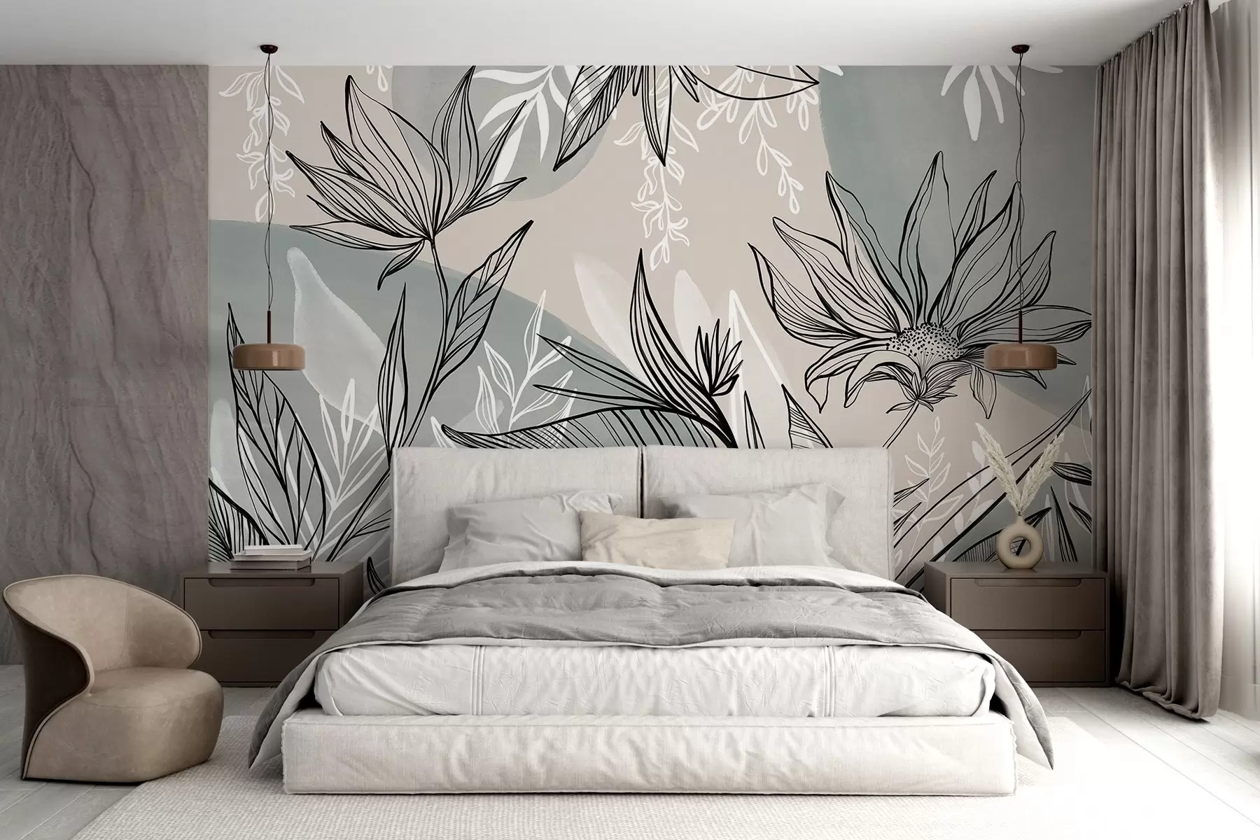 wall murals Уметност цветних линија са великим листовима и цветовима, на позадини беж и плавих акварела w08865