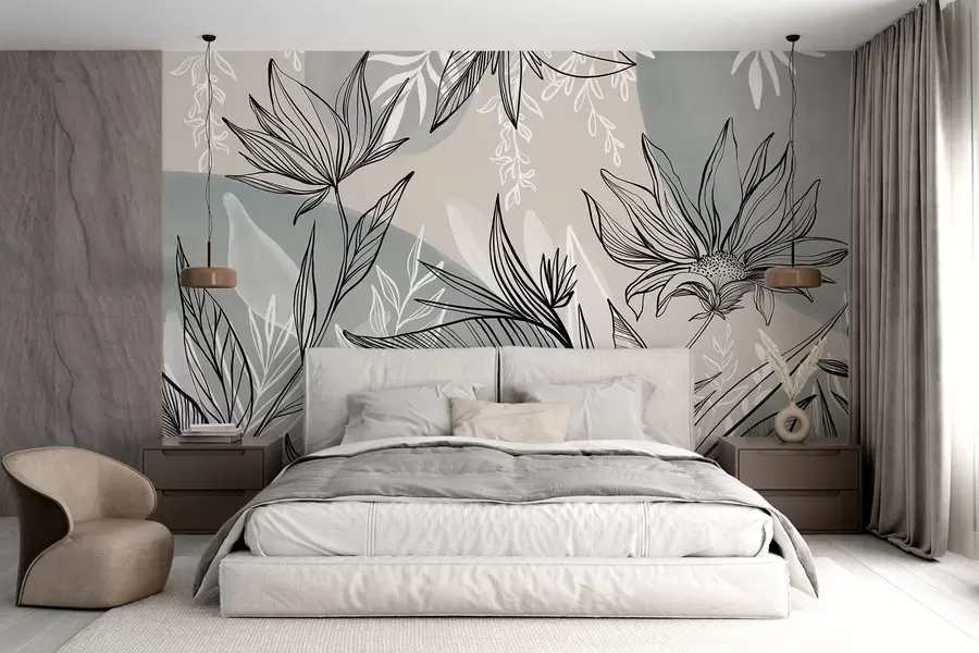 wall murals Уметност цветних линија са великим листовима и цветовима, на позадини беж и плавих акварела w08865