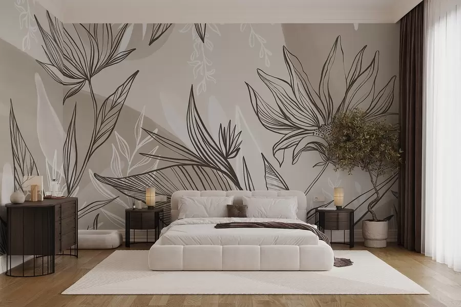 wall murals Уметност цветних линија са великим листовима и цвећем, на позадини беж акварела w08865v1