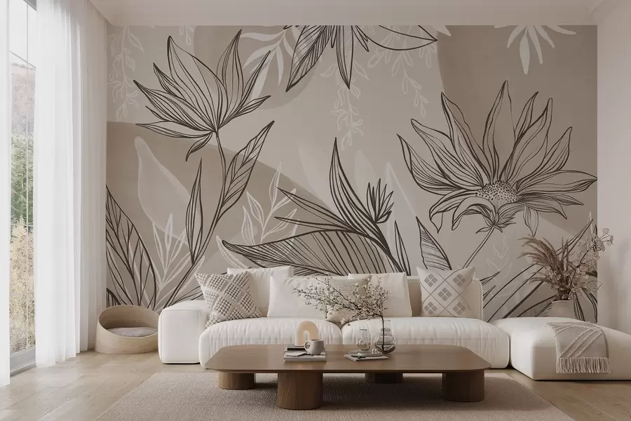 wall murals Уметност цветних линија са великим листовима и цвећем, на позадини беж акварела w08865v1