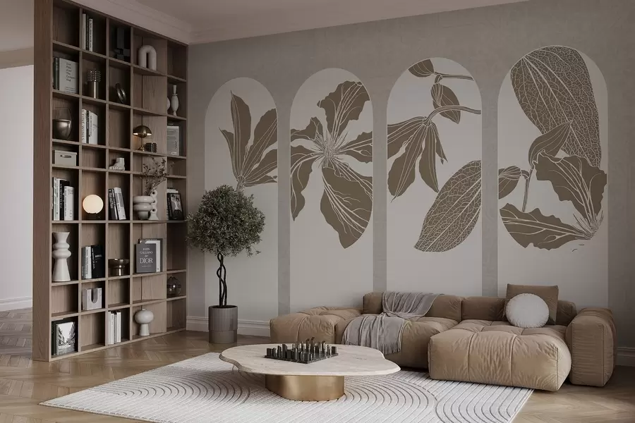 wall murals Елегантни лукови са цветним дезенима у беж и белој боји, на текстурираној беж позадини, минималистички стил w08866