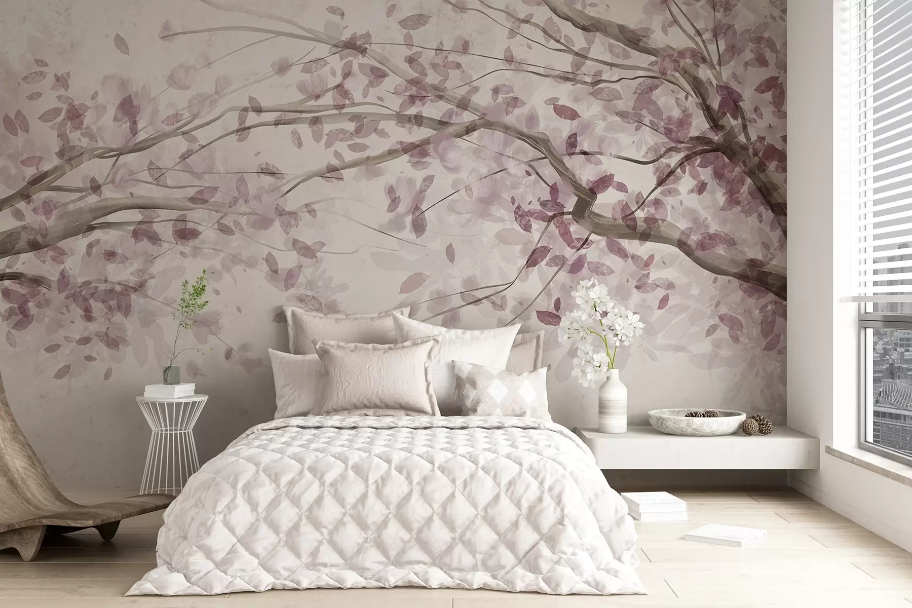 wall murals Цветне гране са ружичастим листовима, нежне боје, деликатни детаљи, стил акварела, на светлој позадини w08867