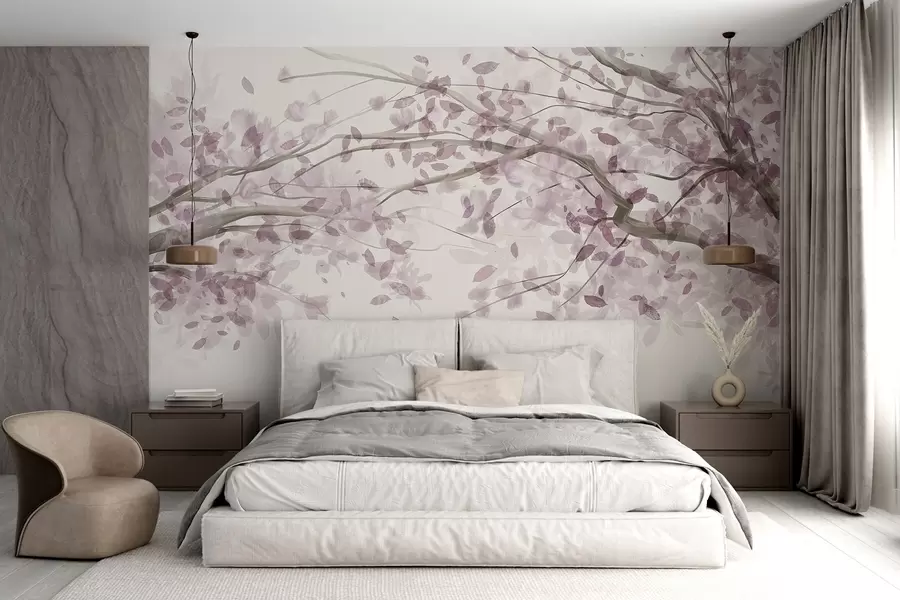 wall murals Цветне гране са ружичастим листовима, нежне боје, деликатни детаљи, стил акварела, на светлој позадини w08867