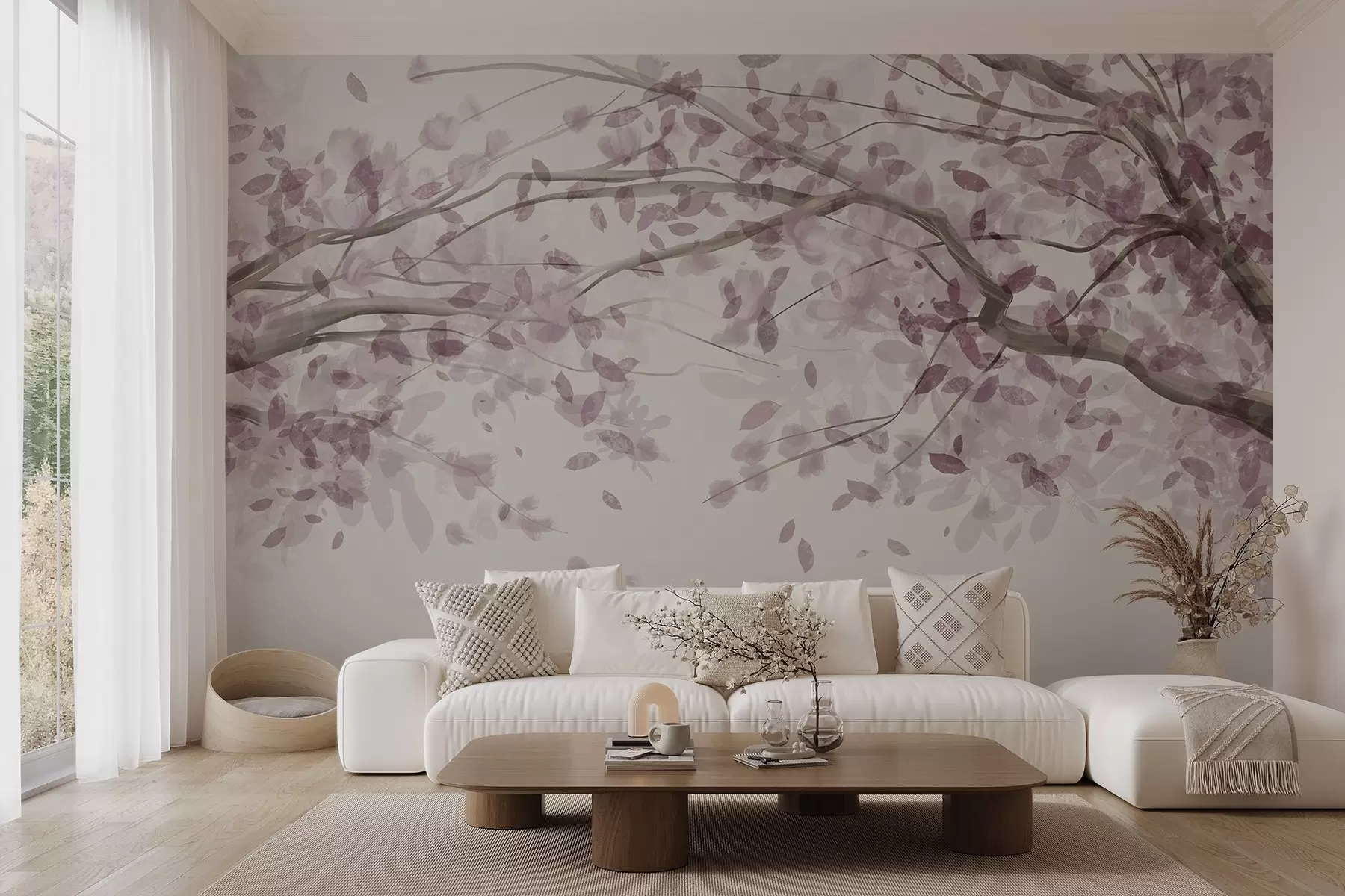 wall murals Цветне гране са ружичастим листовима, нежне боје, деликатни детаљи, стил акварела, на светлој позадини w08867