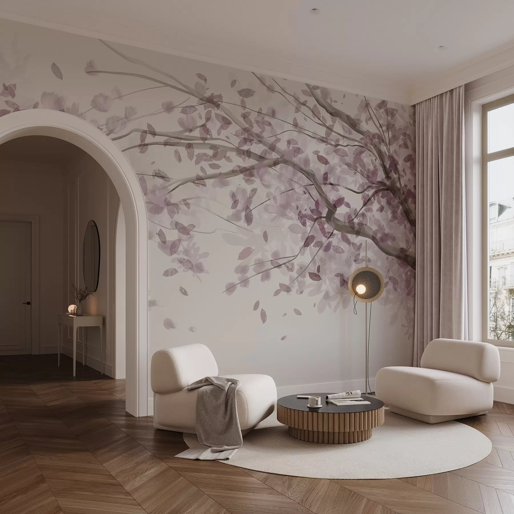 wall murals Цветне гране са ружичастим листовима, нежне боје, деликатни детаљи, стил акварела, на светлој позадини w08867