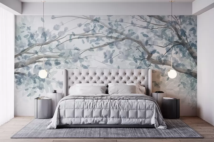 wall murals Цветне гране са плавим листовима, нежне боје, деликатни детаљи, стил акварела, на светлој позадини w08867v2