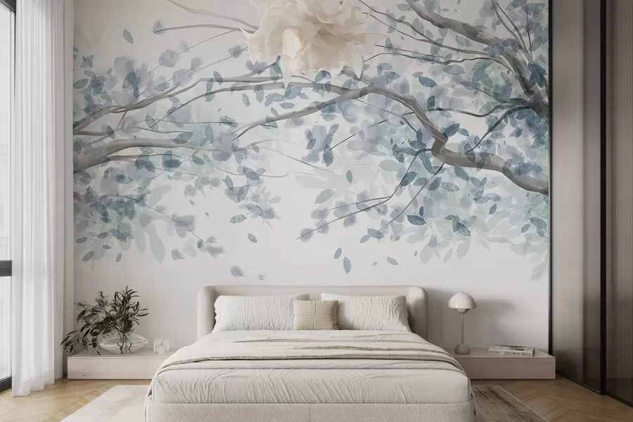 wall murals Цветне гране са плавим листовима, нежне боје, деликатни детаљи, стил акварела, на светлој позадини w08867v2