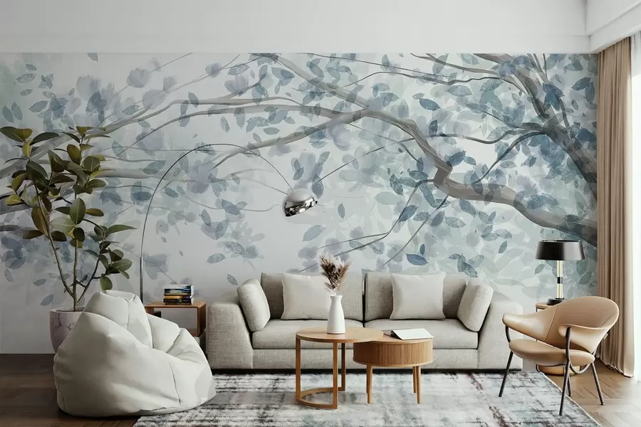 wall murals Цветне гране са плавим листовима, нежне боје, деликатни детаљи, стил акварела, на светлој позадини w08867v2