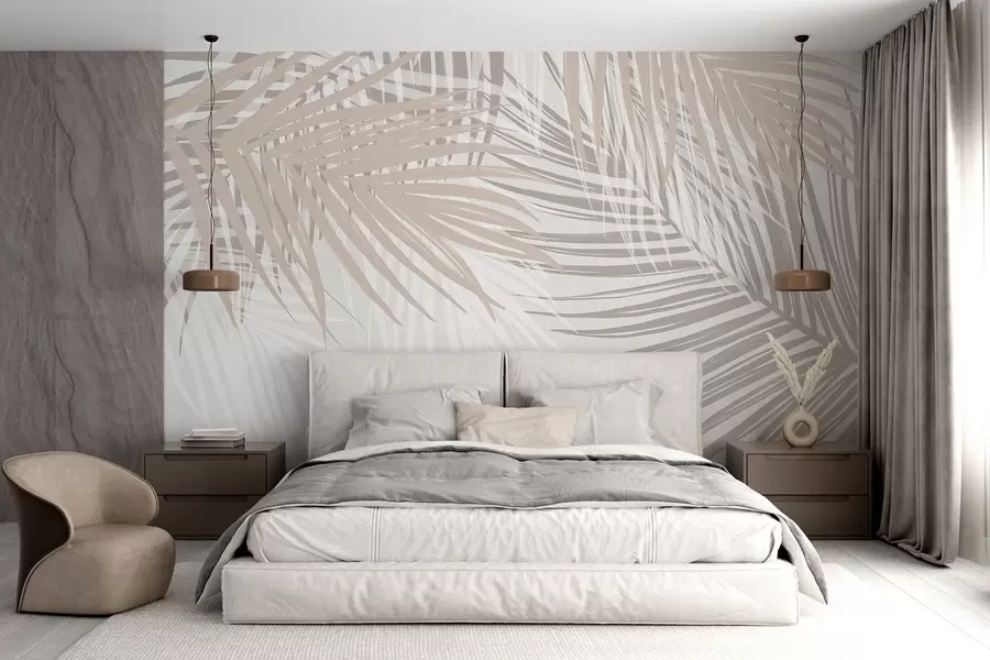 wall murals Палмино лишће у светло беж и белим тоновима, тропско лишће, нежне пастелне боје, минималистички дизајн w08869