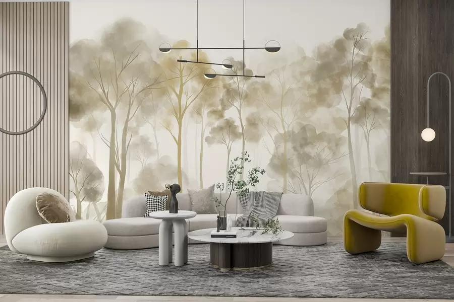 wall murals Шума у акварел стилу са високим светлим дрвећем у нијансама беж и жуте, са магловитом атмосфером w08870