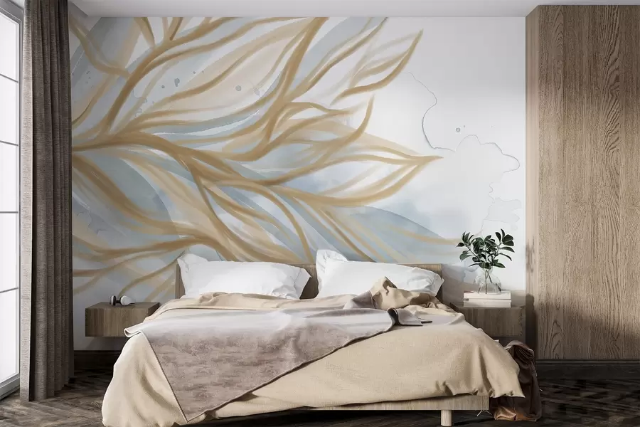 wall murals Апстрактно жуто лишће са плавом позадином акварела, меки и деликатни, органски облици, течне линије w08871