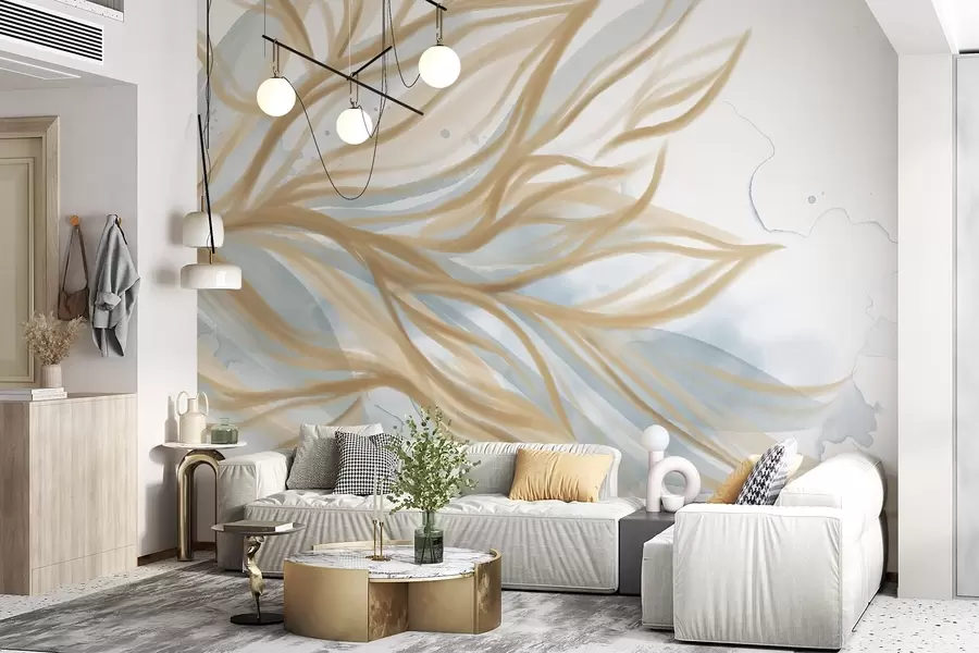 wall murals Апстрактно жуто лишће са плавом позадином акварела, меки и деликатни, органски облици, течне линије w08871