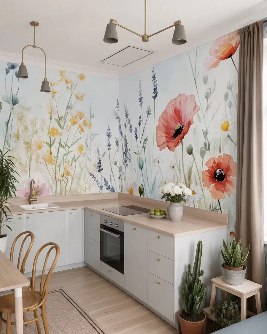 wall murals пољског цвећа и мака у техници потеза w03281