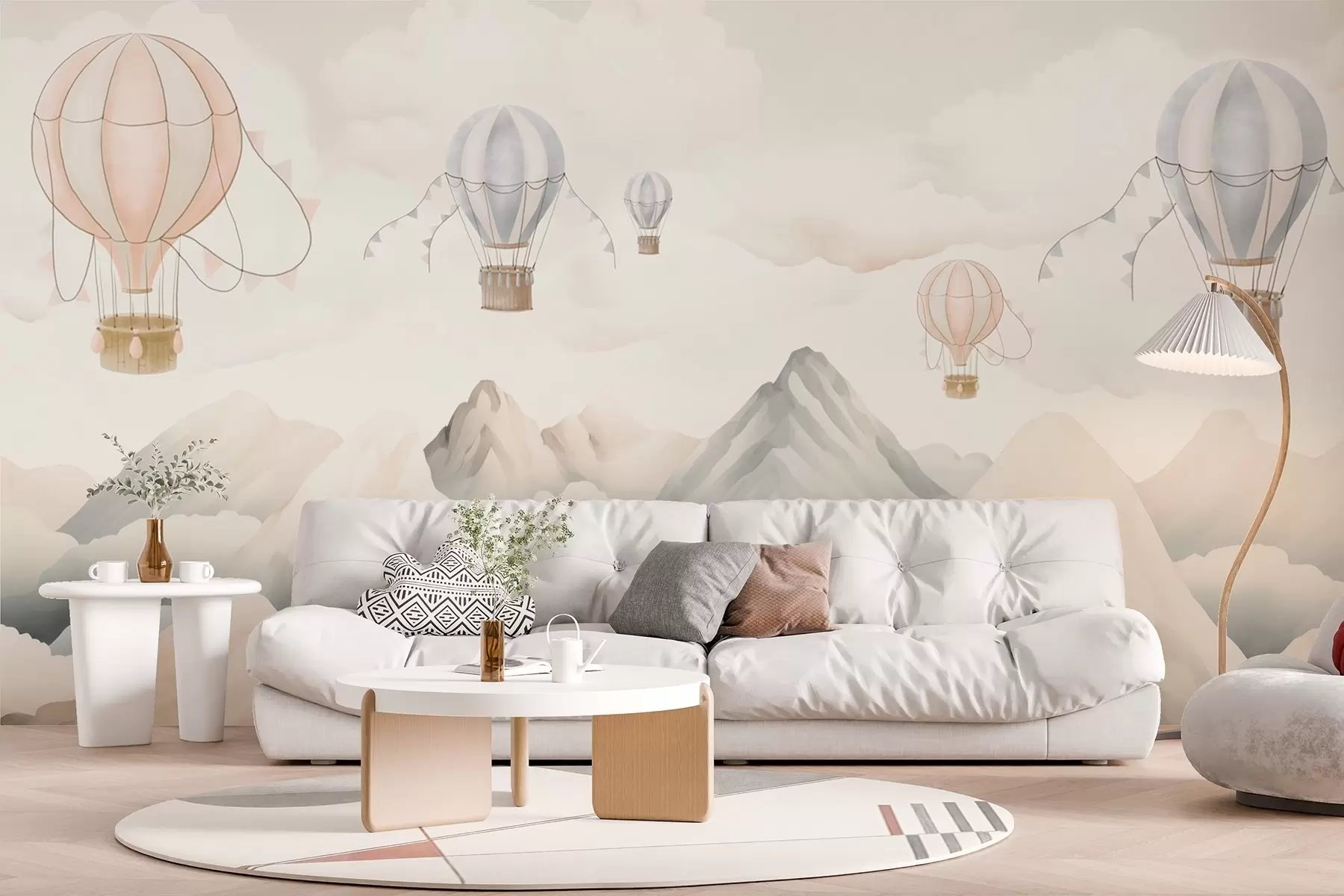 wall murals Балони на врући ваздух који лебде изнад планина у неутралним, меким пастелним тоновима w08853