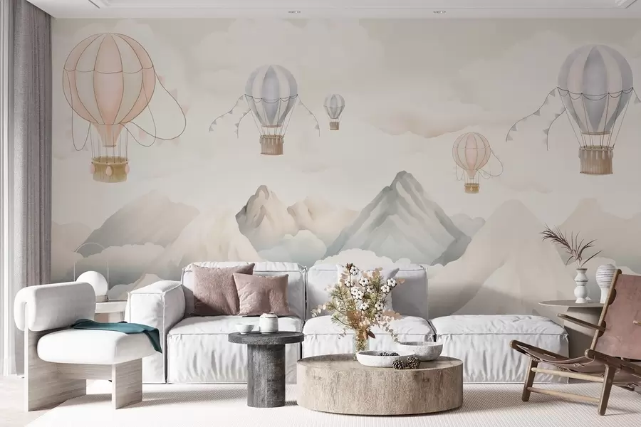 wall murals Балони на врући ваздух који лебде изнад планина у неутралним, меким пастелним тоновима w08853
