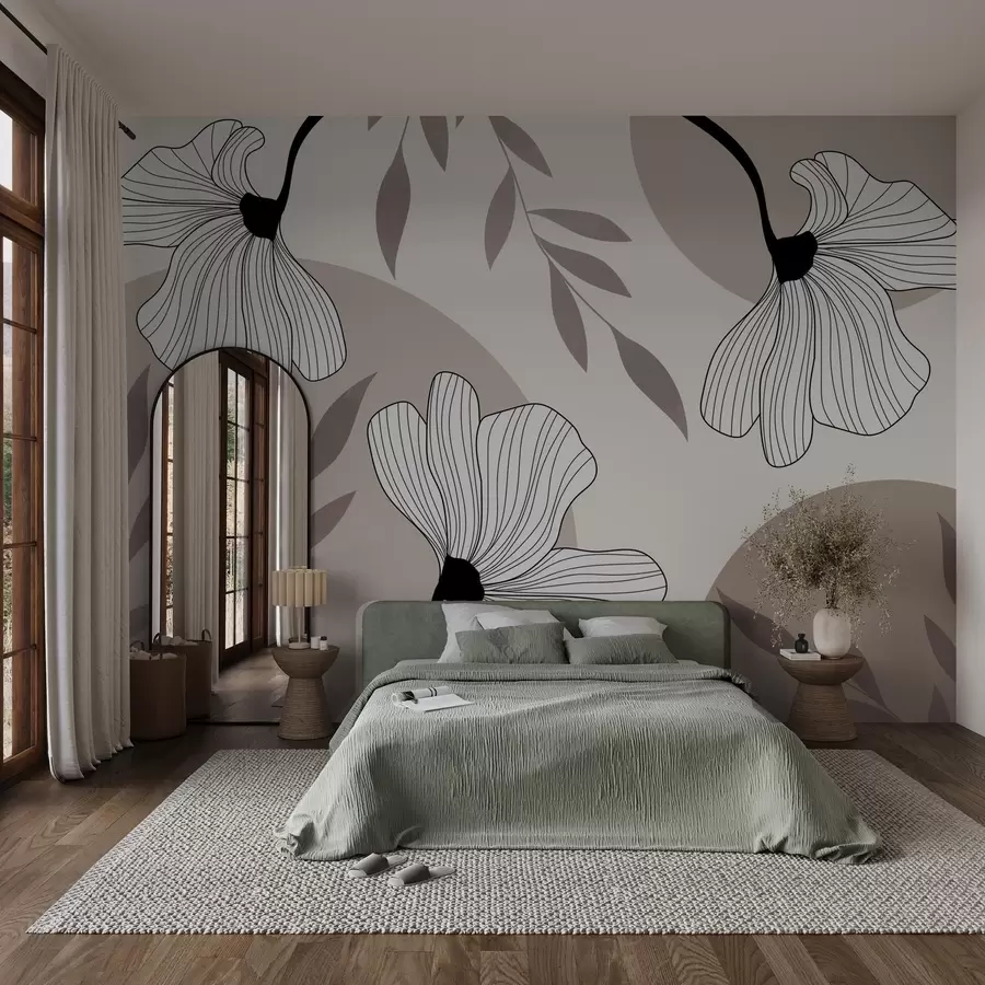 wall murals Апстракција са цвећем и лишћем у беж тоновима w03328
