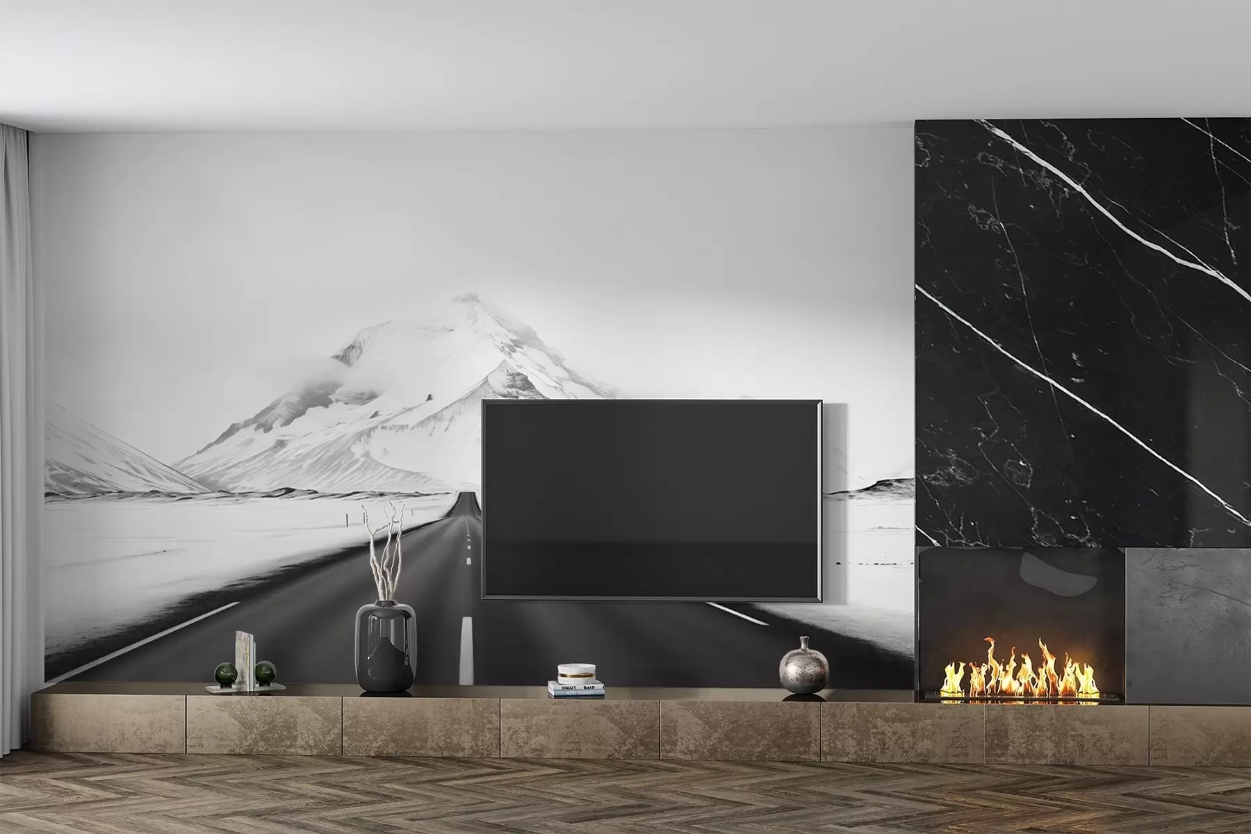 wall murals Црно-бели пејзаж са путем који води у планине са лаганом маглом w08876