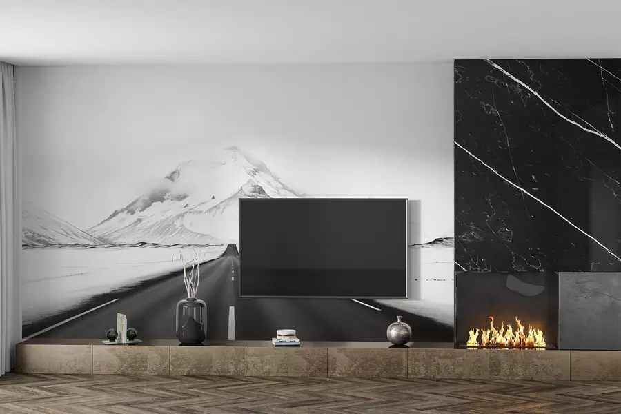 wall murals Црно-бели пејзаж са путем који води у планине са лаганом маглом w08876