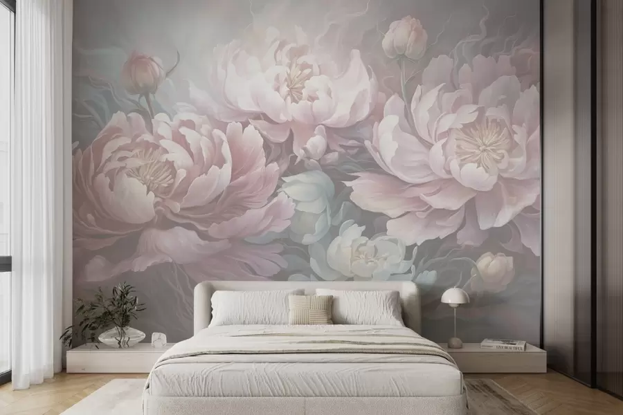 wall murals Бајковити божури у стилу четкице у хладним тоновима w08879v1