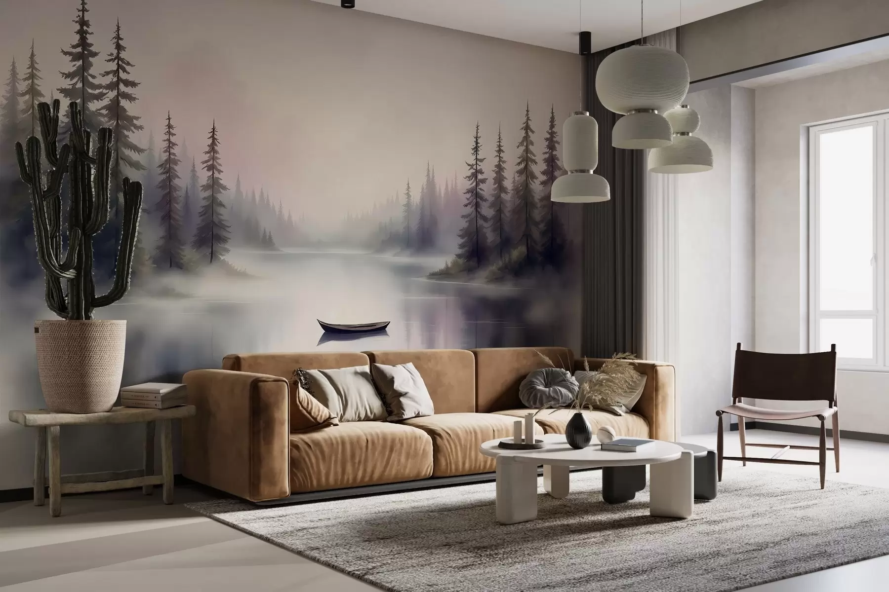 wall murals Акварел пејзаж са чамцем на језеру w03333