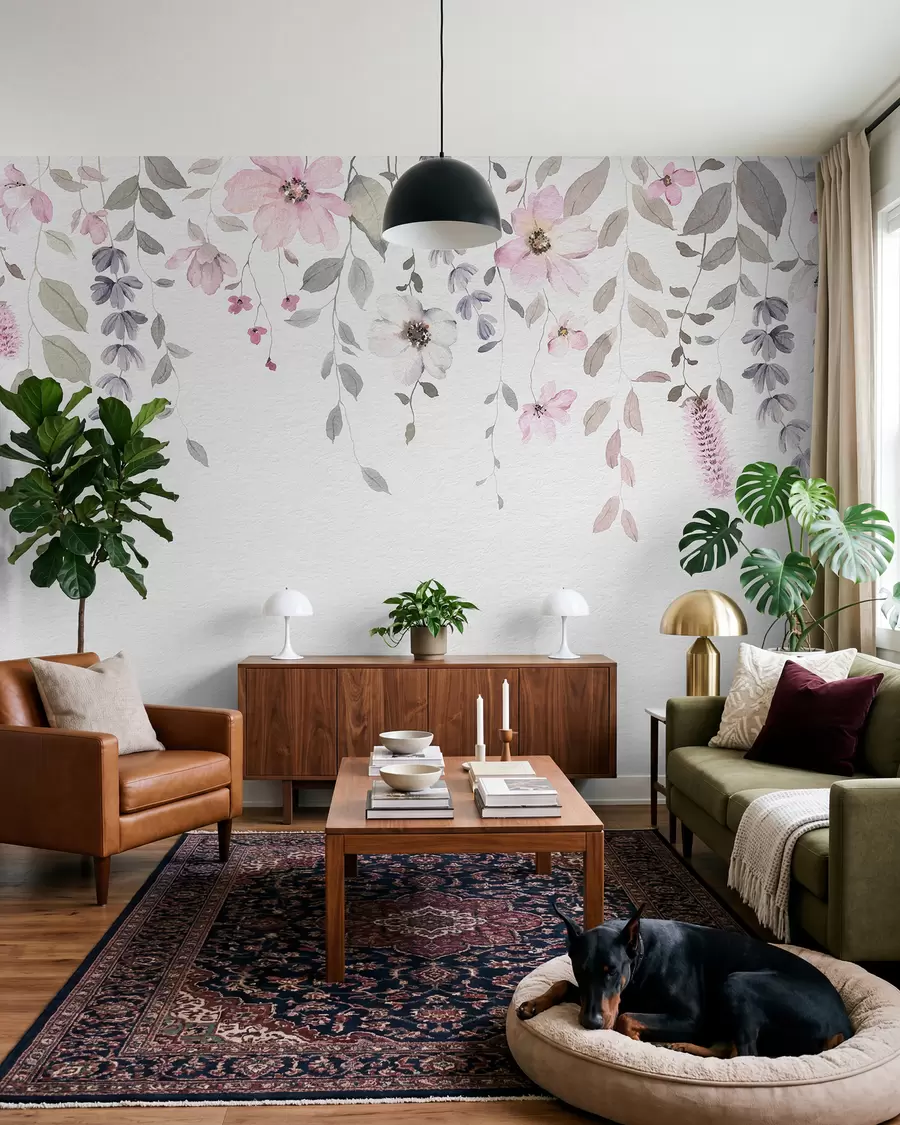 wall murals Висеће акварел цвеће и лишће w03315