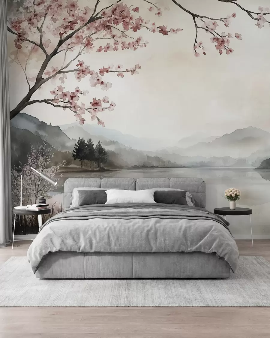 wall murals миран акварел пејзаж са језером и цветним дрветом w03282