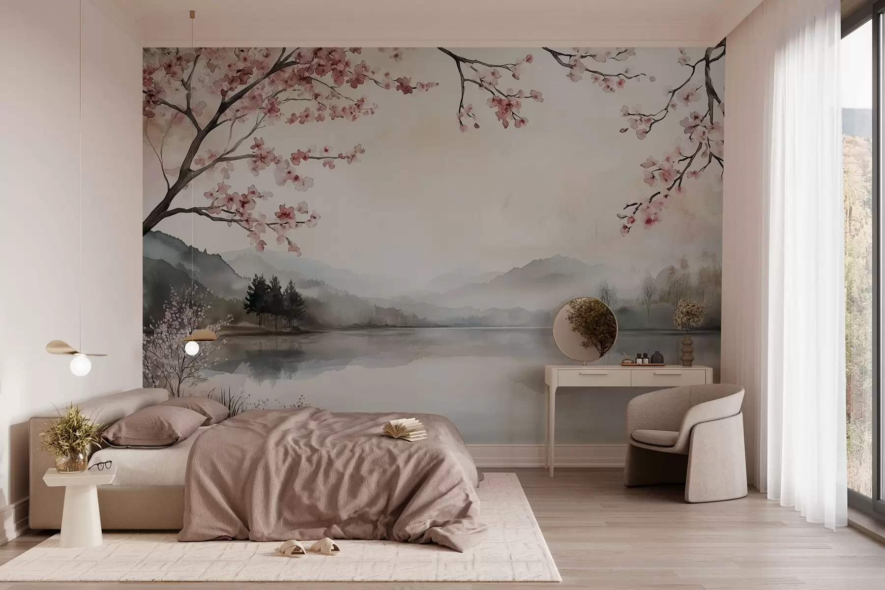 wall murals миран акварел пејзаж са језером и цветним дрветом w03282