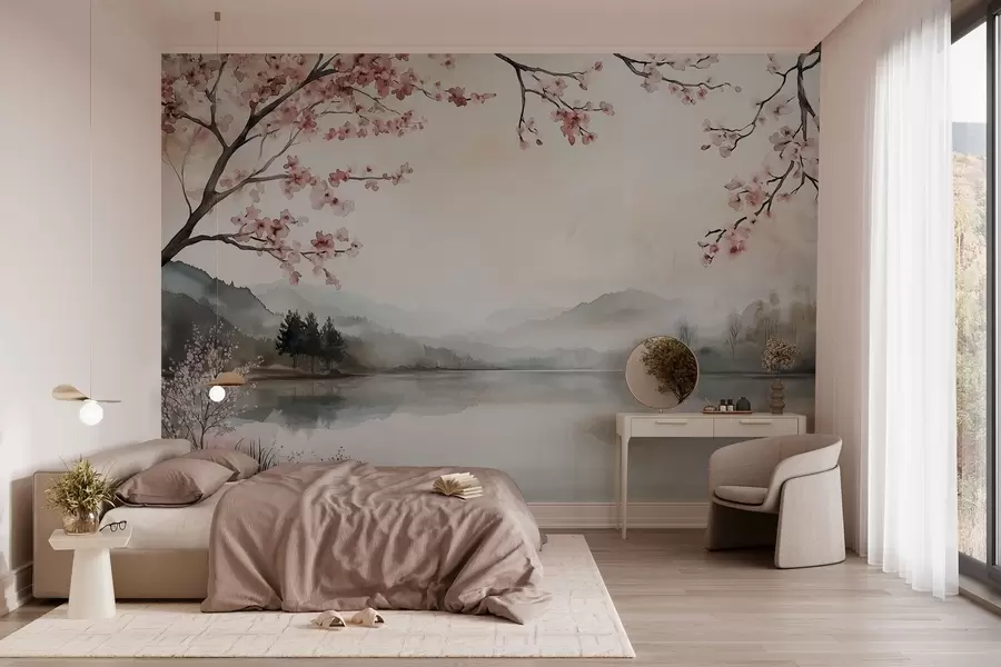 wall murals миран акварел пејзаж са језером и цветним дрветом w03282