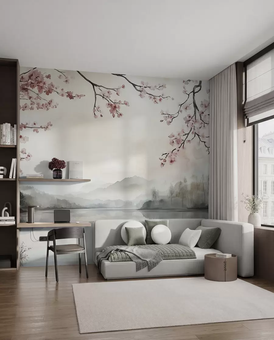 wall murals миран акварел пејзаж са језером и цветним дрветом w03282