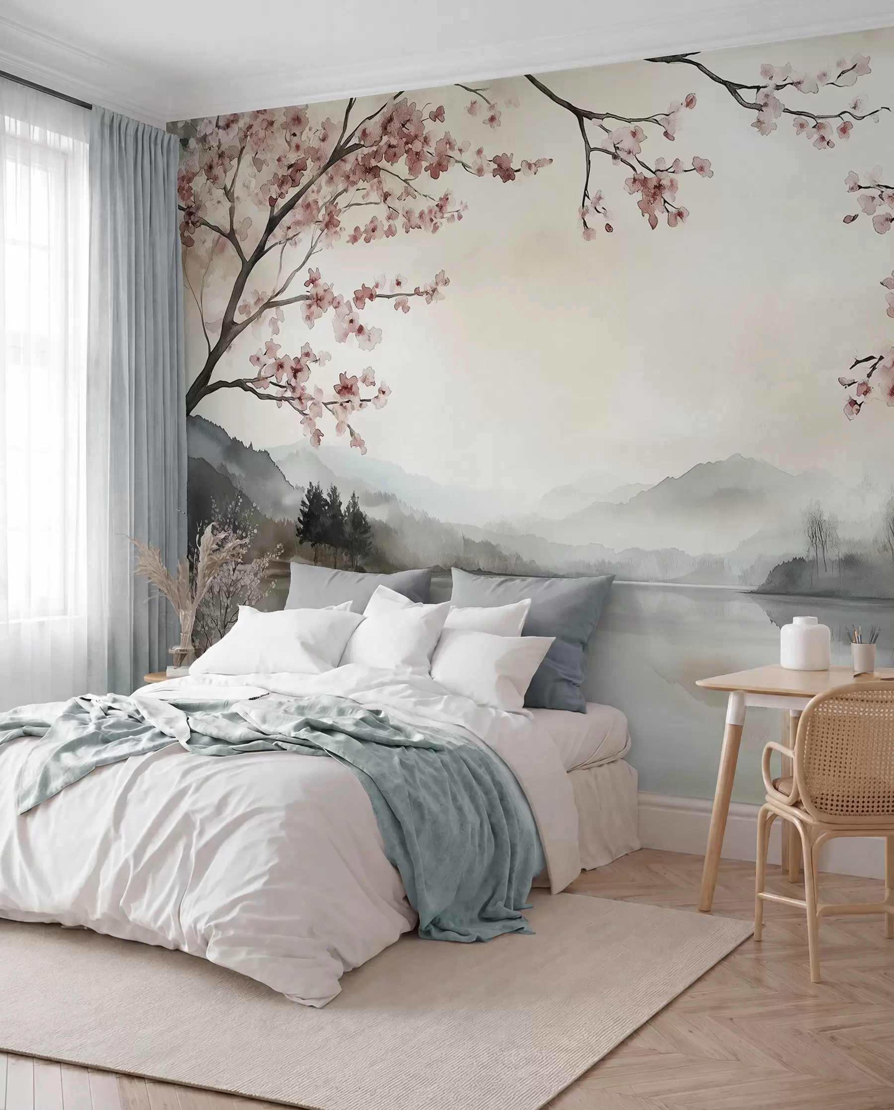 wall murals миран акварел пејзаж са језером и цветним дрветом w03282