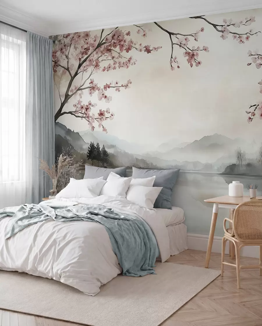 wall murals миран акварел пејзаж са језером и цветним дрветом w03282