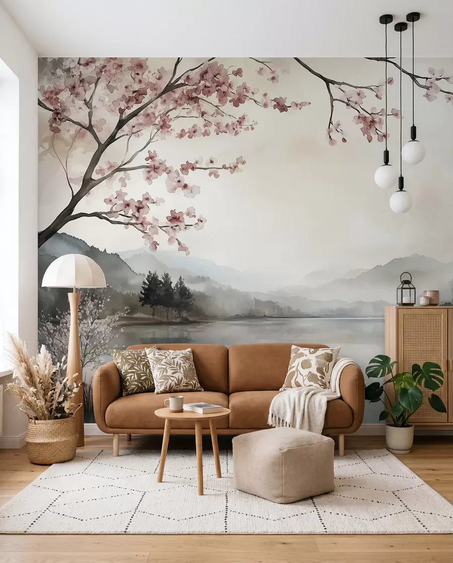 wall murals миран акварел пејзаж са језером и цветним дрветом w03282