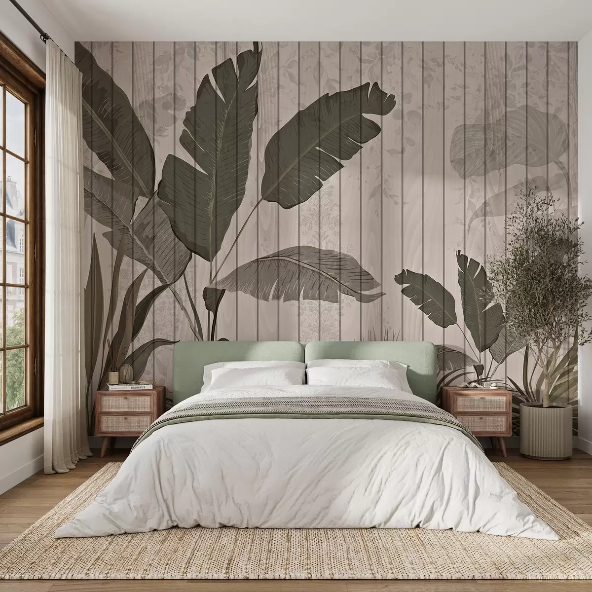 wall murals Елегантна ботаничка илустрација са листовима банане и егзотичним биљкама на текстурираној светлој позадини w03325v1