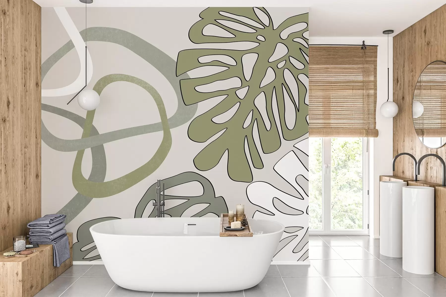 wall murals Листови монстере и апстрактни облици, нијансе зелене w03277v2