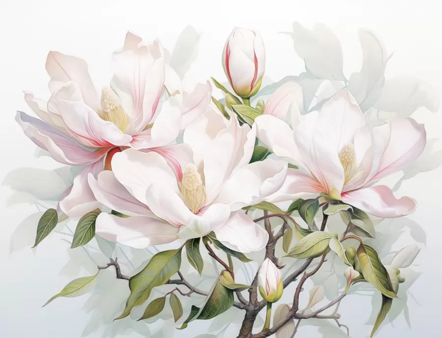 wall murals Цвеће магнолије са белим и ружичастим латицама, листовима и браон гранама, меког и деликатног стила акварела w08885