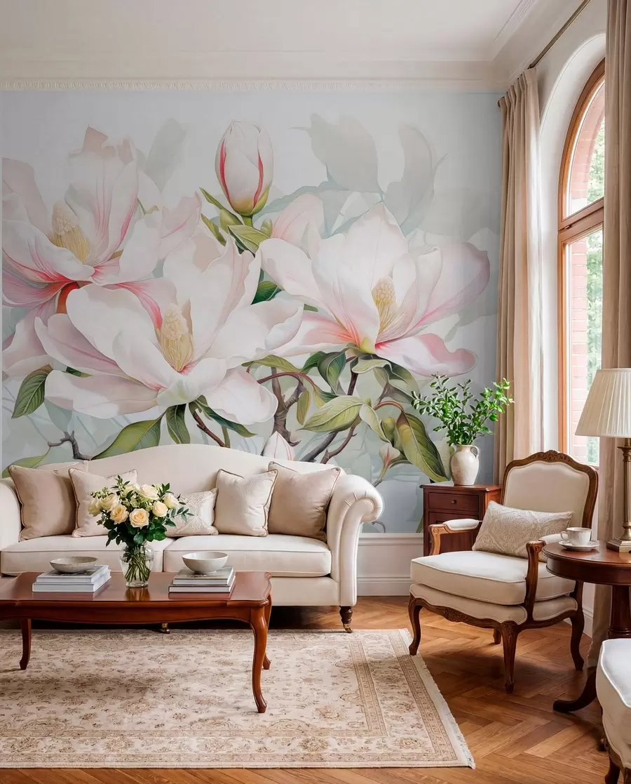 wall murals Цвеће магнолије са белим и ружичастим латицама, листовима и браон гранама, меког и деликатног стила акварела w08885