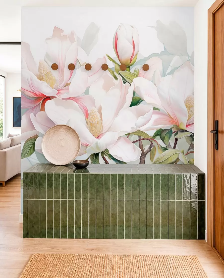 wall murals Цвеће магнолије са белим и ружичастим латицама, листовима и браон гранама, меког и деликатног стила акварела w08885