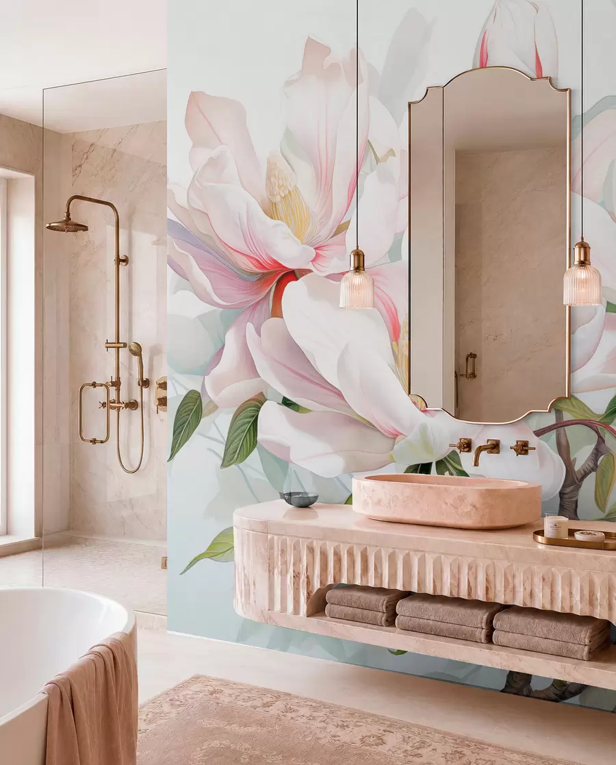 wall murals Цвеће магнолије са белим и ружичастим латицама, листовима и браон гранама, меког и деликатног стила акварела w08885