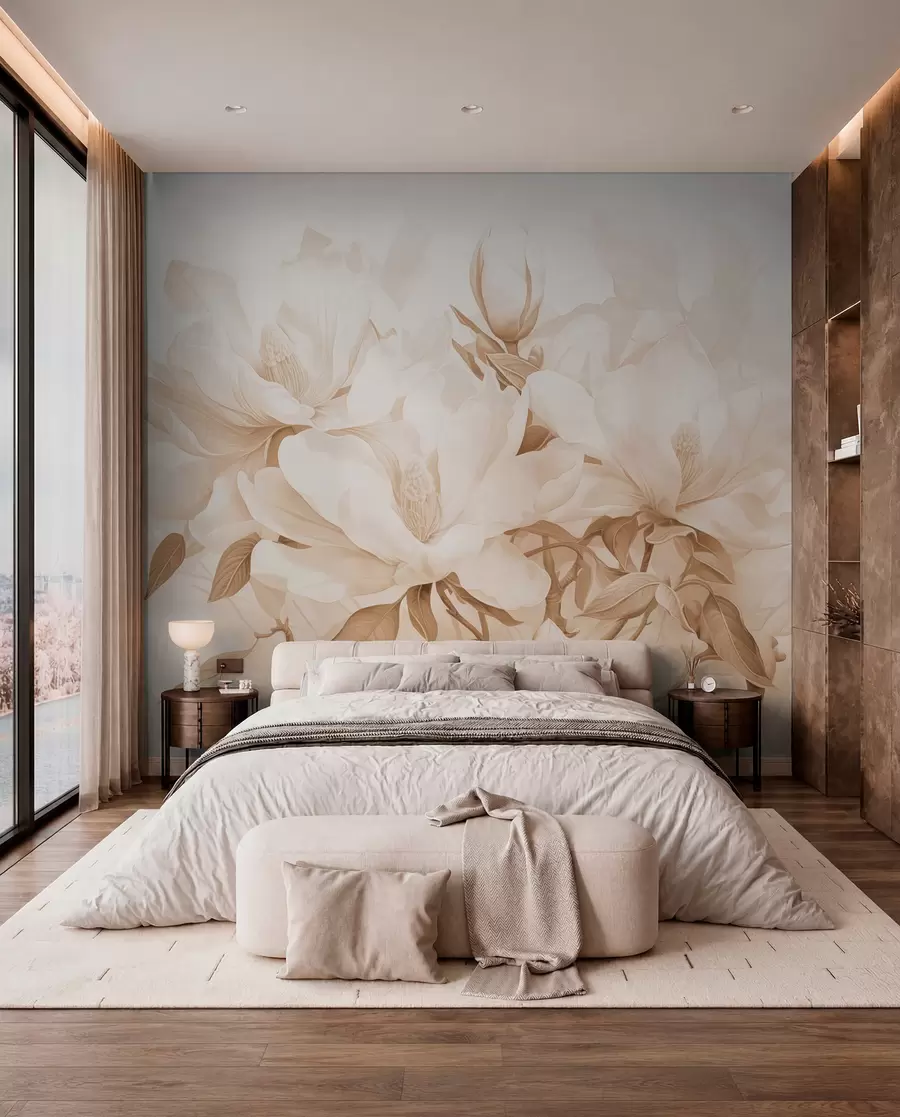 wall murals Цвеће магнолије са белим и беж латицама, листовима и браон гранама, меког и деликатног стила акварела w08886