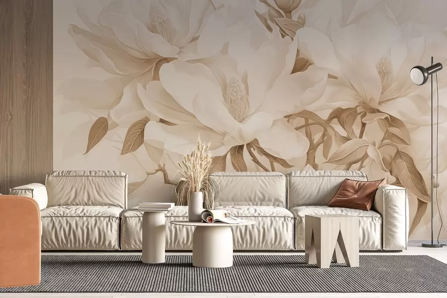 wall murals Цвеће магнолије са белим и беж латицама, листовима и браон гранама, меког и деликатног стила акварела w08886