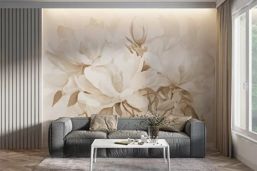 wall murals Цвеће магнолије са белим и беж латицама, листовима и браон гранама, меког и деликатног стила акварела w08886
