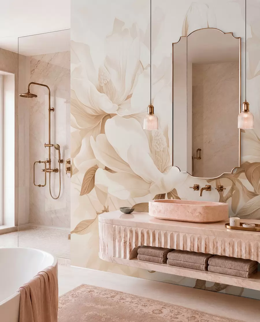wall murals Цвеће магнолије са белим и беж латицама, листовима и браон гранама, меког и деликатног стила акварела w08886