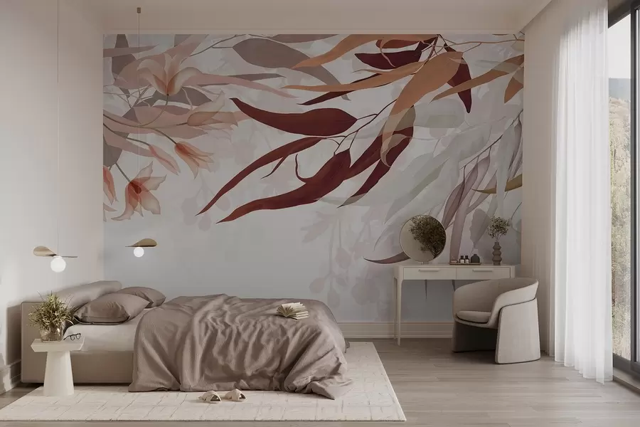 wall murals Листови еукалиптуса у нијансама бордо, беж и беле са деликатним цветовима и гранама на белој позадини w08887