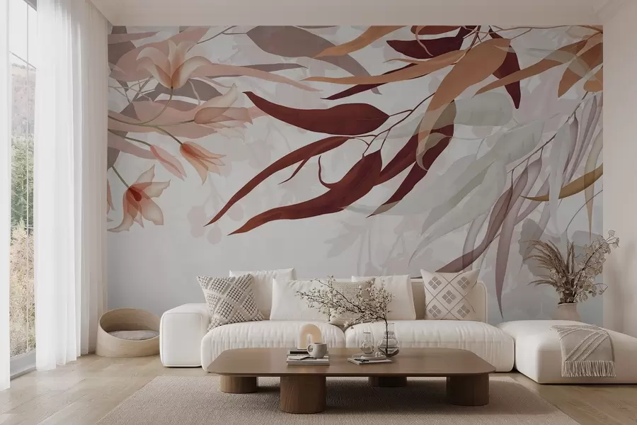 wall murals Листови еукалиптуса у нијансама бордо, беж и беле са деликатним цветовима и гранама на белој позадини w08887