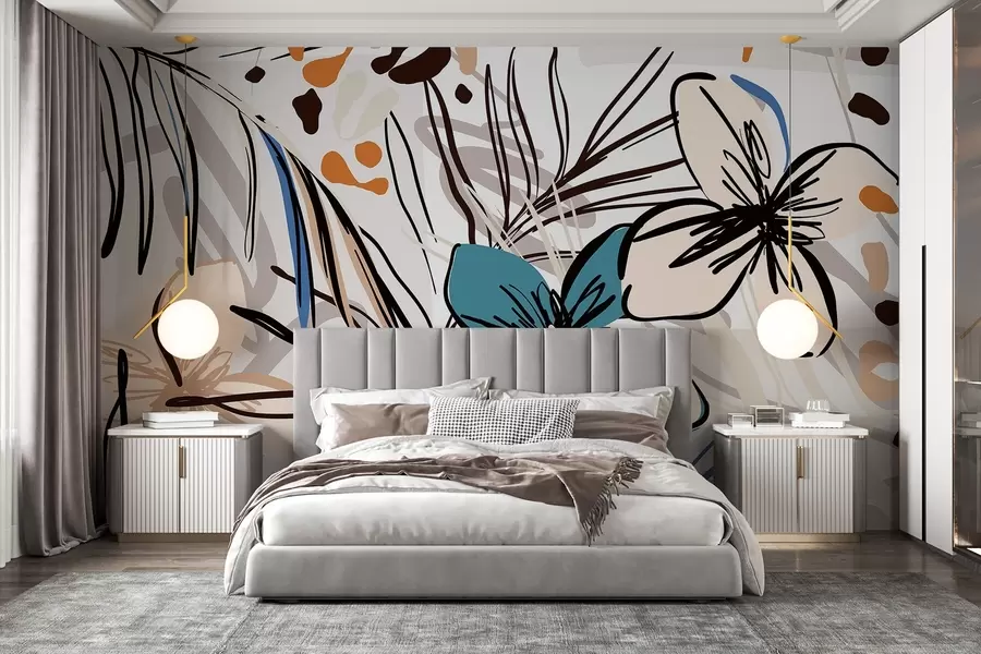 wall murals Модерна апстрактна штампа са тропским палминим листовима, плавим и беж цвећем, црним линијама, светлом позадином w08889