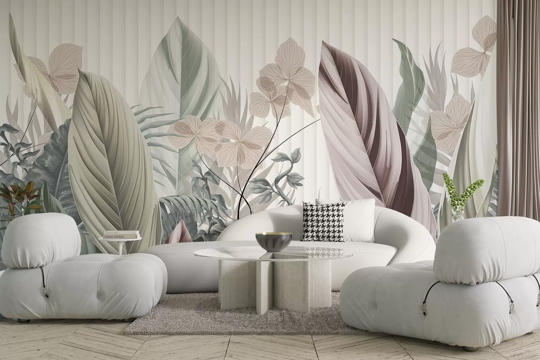 wall murals Тропско лишће меких пастелних боја, светло зелене, светло розе и светло браон, вертикалне линије у позадини w08892