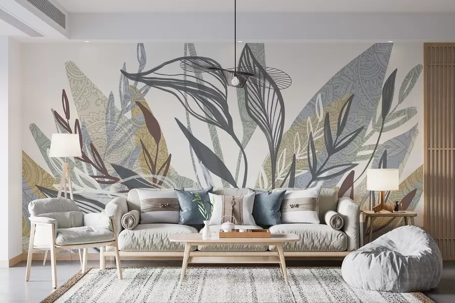 wall murals Колекција листова различитих боја и величина, од којих неки имају линијску уметност, на белој позадини w08893