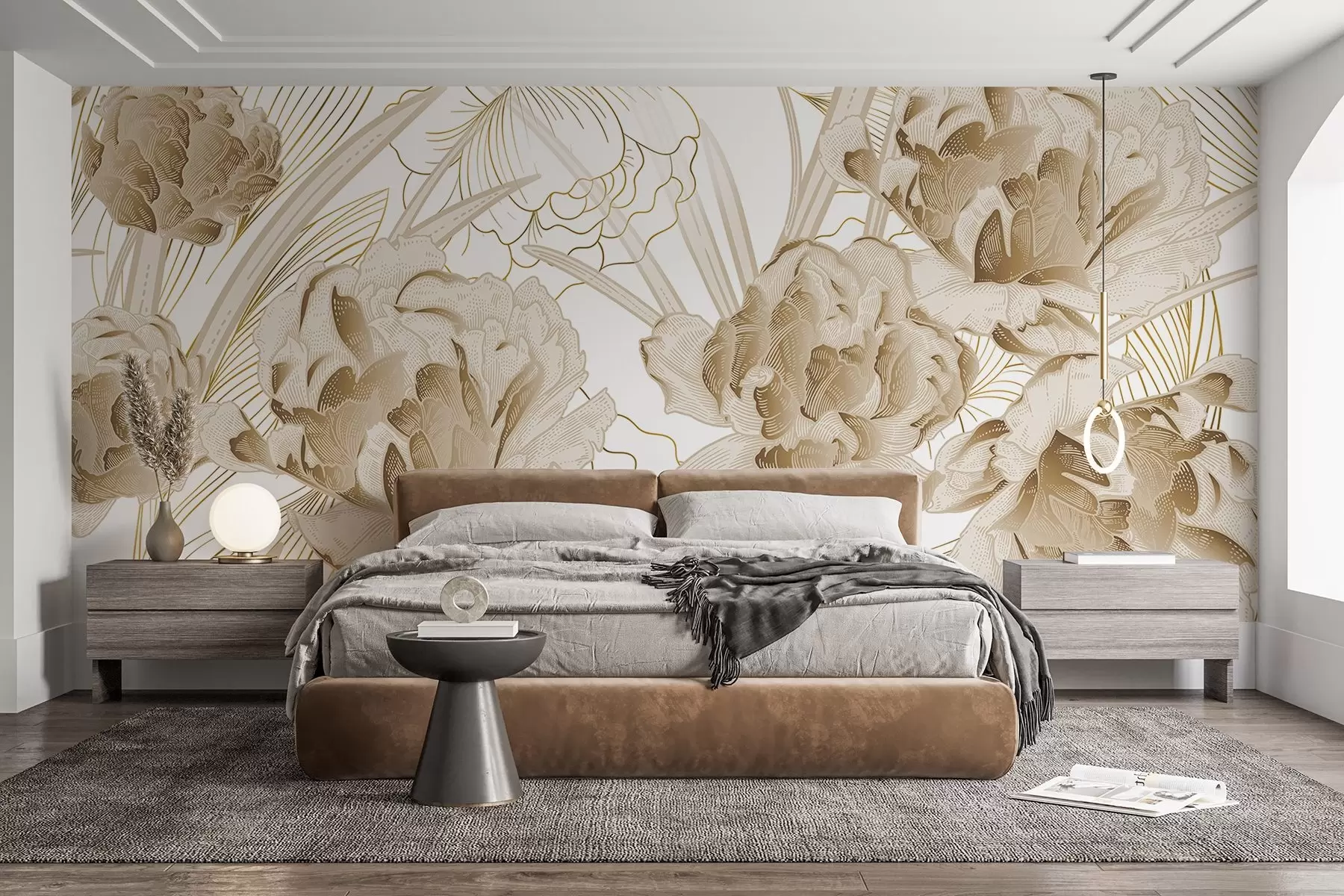 wall murals Беж божури са листовима на белој позадини, цветни дизајн, ботаничка илустрација w08897