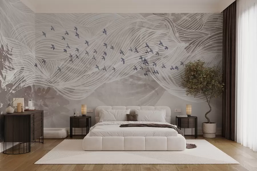 wall murals Јато птица које лети преко апстрактне линије, пејзажне текстуре беж таласа, нежне боје, минималистички дизајн w08898