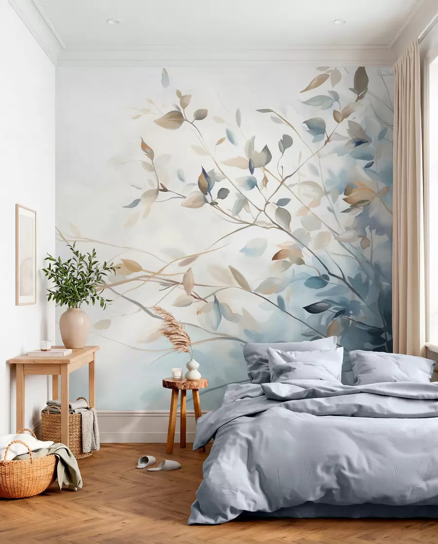 wall murals Гране са листовима у плавим и смеђим тоновима, светле позадине, меке и нежне, акварел стил w08900